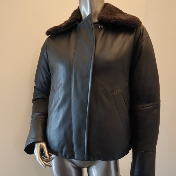 VINCE Lambskin Leather Down Jacket Shearling Removeable Collar Small New $1,495 - Picture 1 of 8